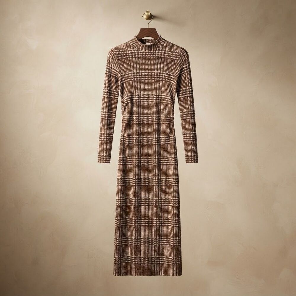 LOFT Houndstooth Mock Neck Midi Dress Women Size S Brown Lyocell Spandex Long Sl